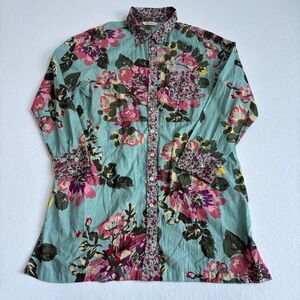 Soft Surroundings Scattered Roses Tunic Top Women's L Teal Pink Floral Long Boho